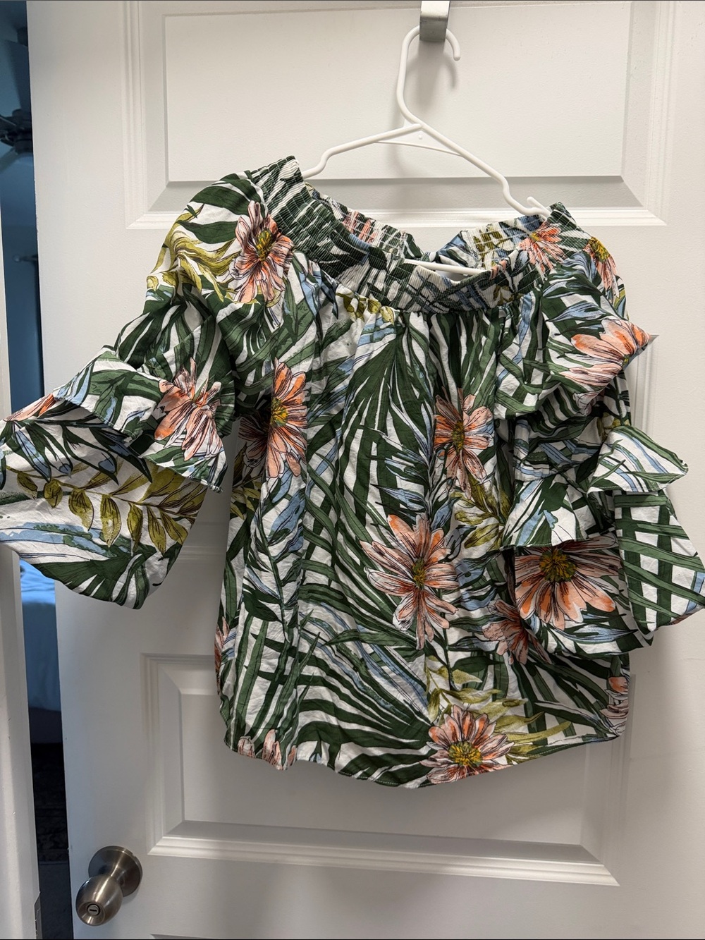 Off-Shoulder Floral Ruffle Blouse in Green and Peach